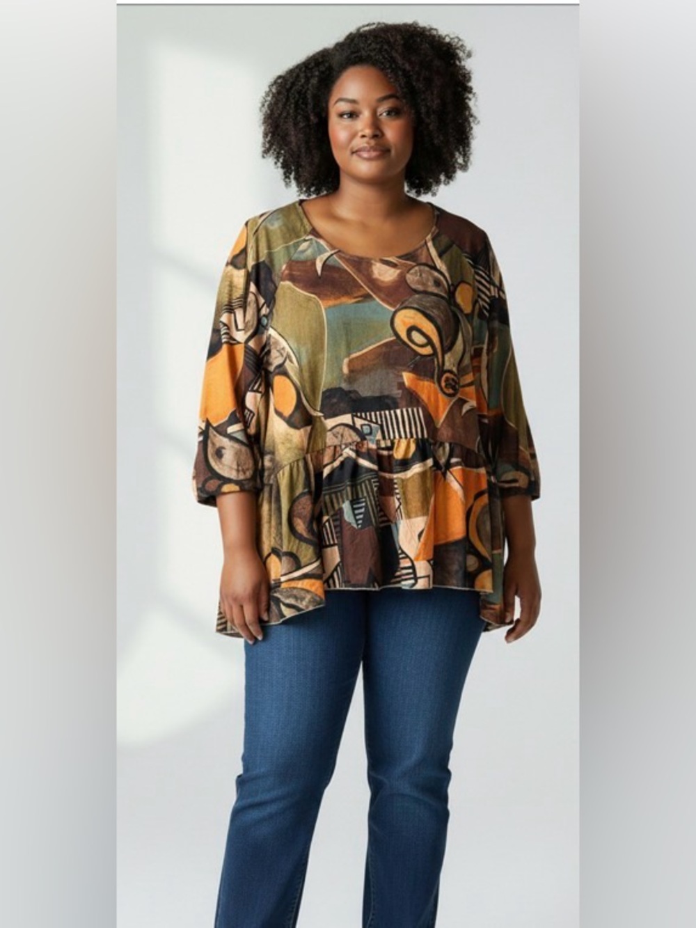 3 Potato Abstract Print Peplum Tunic in Orange, Olive & Brown
